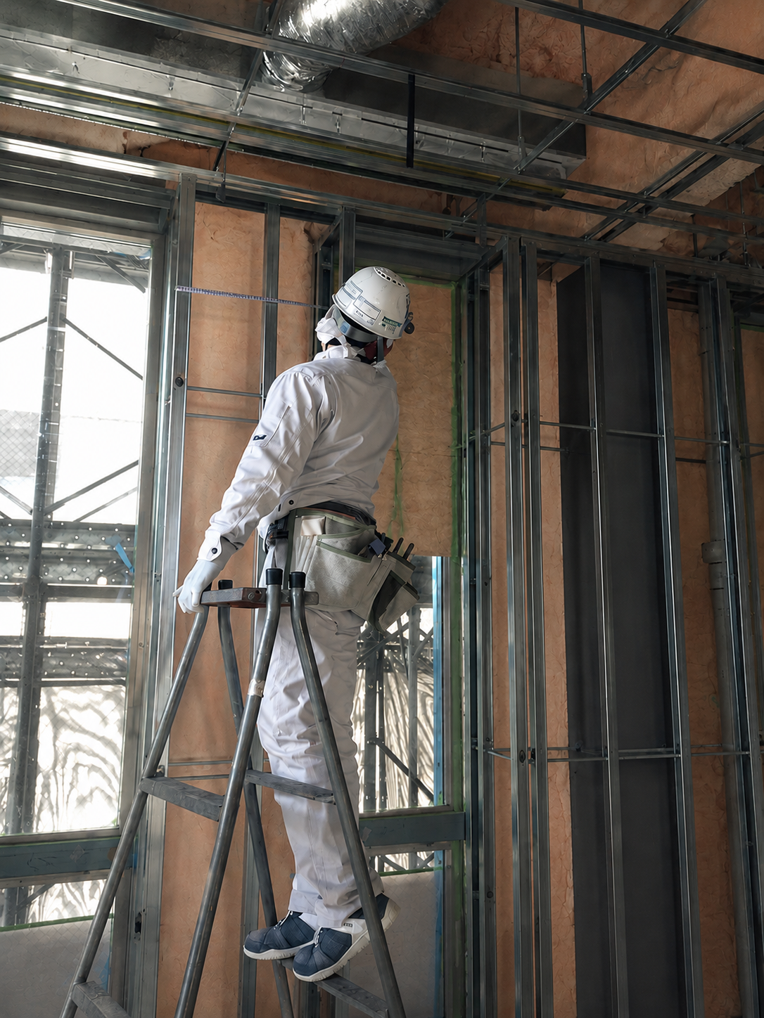鋼製下地工事にあたる丹羽工業の職人